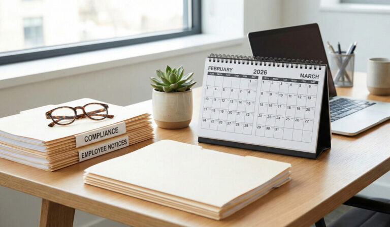 "A modern, well-lit office desk with a calendar showing '2026' open to February and March. On the desk are organized stacks of paperwork labeled 'Compliance' and 'Employee Notices', with a pair of glasses and a green plant nearby, symbolizing organized HR management. High quality, professional photography style." 