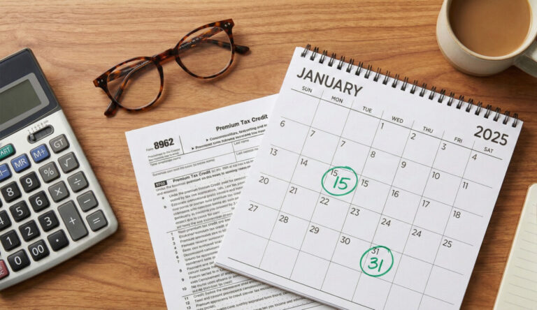 "A flat lay photo of a wooden desk with a calculator, a tax form labeled 'Form 8962', a pair of glasses, and a calendar open to '2025' with dates circled in green. Warm lighting, professional and organized financial planning theme." 
