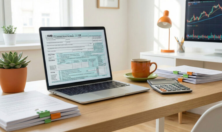 A professional yet friendly workspace with a laptop showing a tax form, a calculator, a coffee mug, and green and orange accents. The lighting is bright and inviting, with a focus on organized paperwork and digital screens. 4k resolution, clean modern aesthetic.