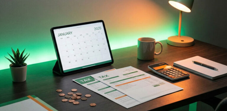 A modern, professional office desk setting with soft green and warm orange lighting. On the desk, a digital calendar displays 'January 2026'. There are stylized tax documents, a calculator, and a few copper pennies scattered artistically to symbolize the penny shortage theme. The overall vibe is organized, financial, and forward-looking.