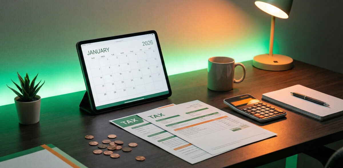 A modern, professional office desk setting with soft green and warm orange lighting. On the desk, a digital calendar displays 'January 2026'. There are stylized tax documents, a calculator, and a few copper pennies scattered artistically to symbolize the penny shortage theme. The overall vibe is organized, financial, and forward-looking.