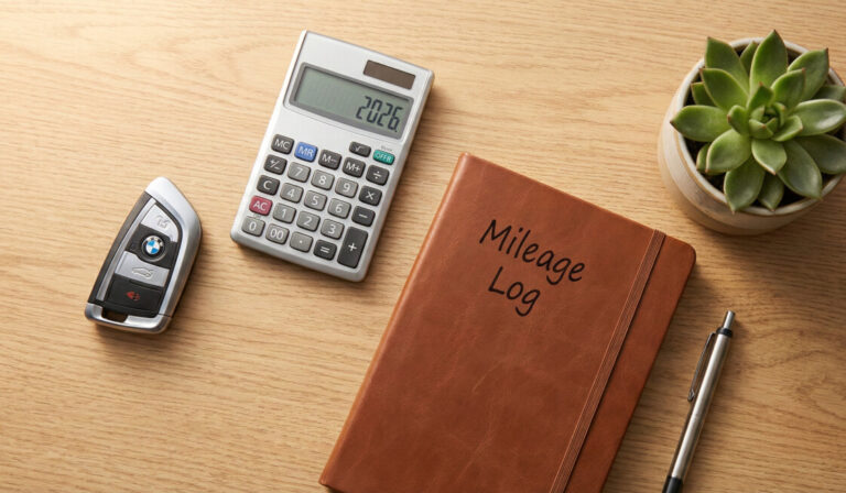A flat lay photography style image featuring a modern car key, a calculator showing '2026', and a notebook with 'Mileage Log' written on it, placed on a clean wooden desk with a small potted green plant, warm lighting, professional and financial concept.