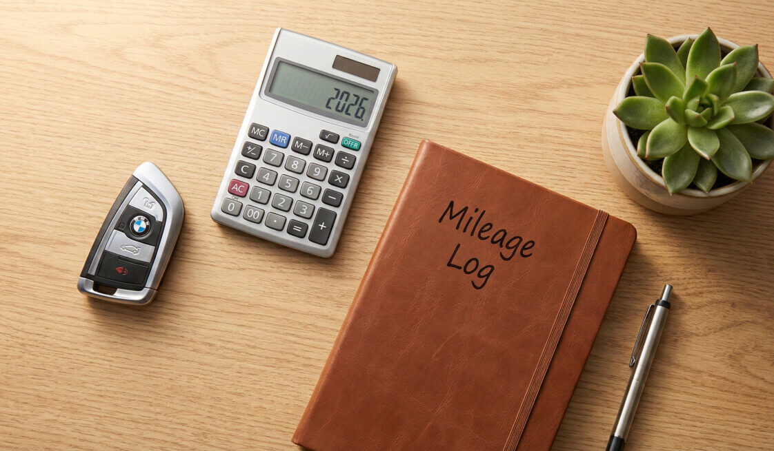 A flat lay photography style image featuring a modern car key, a calculator showing '2026', and a notebook with 'Mileage Log' written on it, placed on a clean wooden desk with a small potted green plant, warm lighting, professional and financial concept.