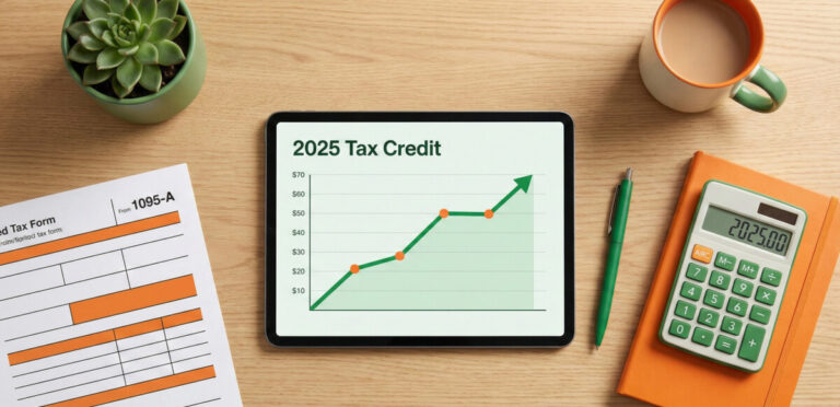 A flat lay photography style image featuring a clean, organized desk with a green and orange color theme. In the center, a digital tablet displays a '2025 Tax Credit' graph with an upward trend. Beside it, a simplified tax form labeled '1095-A' and a calculator with green buttons. Soft, natural lighting, professional yet friendly atmosphere, high quality, 4k.