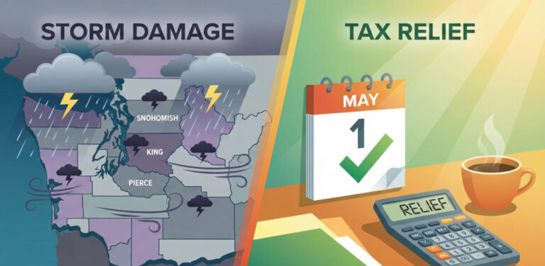 A split-screen illustration concept. On the left, a stylized map of Washington State with rain clouds and storm icons over specific counties. On the right, a calm scene showing a calendar marked 'May 1' with a green checkmark and a calculator, symbolizing financial relief and organization. The color palette should transition from stormy greys to hopeful greens and warm oranges.