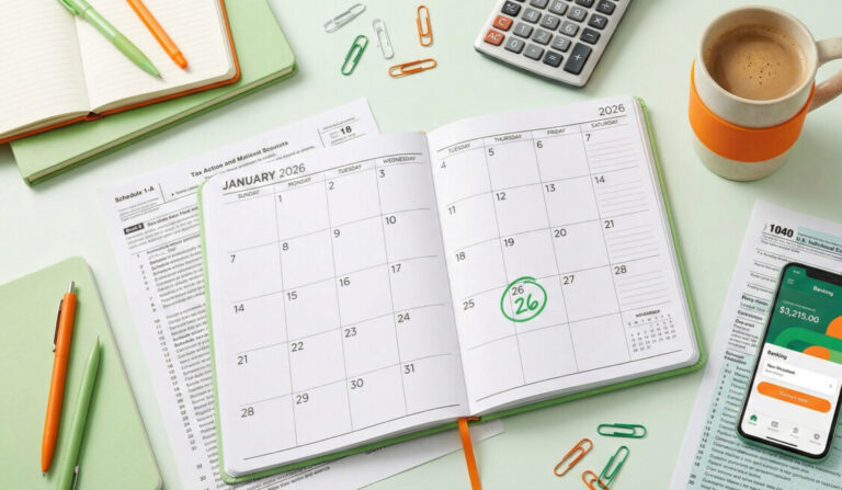 A bright and professional flat-lay photograph of a clean desk workspace. In the center, a calendar marked 'January 26, 2026' with a green circle. Surrounding it are neatly arranged tax forms labeled 'Schedule 1-A' and 'Form 1040', a calculator, a smartphone showing a banking app, and a cup of coffee. The color palette should be fresh greens and vibrant oranges to convey a friendly and organized financial vibe. High resolution, soft lighting.