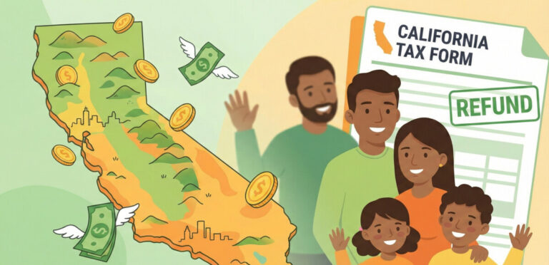 "A vibrant, high-quality illustration of a California map with golden coins and dollar bills popping out of it. Friendly and approachable style with a green and orange color palette. In the background, a happy diverse family and a professional-looking tax form with a 'Refund' stamp. Clean, modern, and financial-themed."