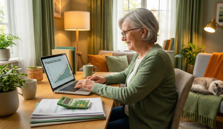 A cozy, brightly lit home office with a friendly senior woman smiling as she looks at a laptop screen. On the desk are documents and a green calculator. The room is decorated in soft green and orange tones, conveying a feeling of relief and financial security. High-quality, warm lighting, 4k resolution.