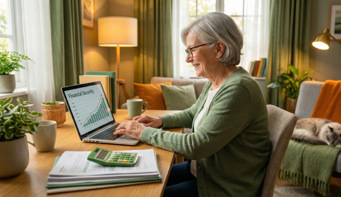A cozy, brightly lit home office with a friendly senior woman smiling as she looks at a laptop screen. On the desk are documents and a green calculator. The room is decorated in soft green and orange tones, conveying a feeling of relief and financial security. High-quality, warm lighting, 4k resolution.