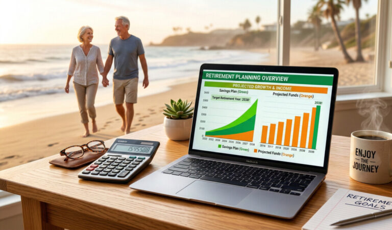 A professional yet friendly visual representation of retirement planning. A wooden desk with a laptop showing a green and orange chart, a calculator, a pair of glasses, and a steaming cup of coffee. In the background, a soft-focus image of a happy retired couple walking on a beach. Vibrant green and orange color theme, high quality, 4k resolution.