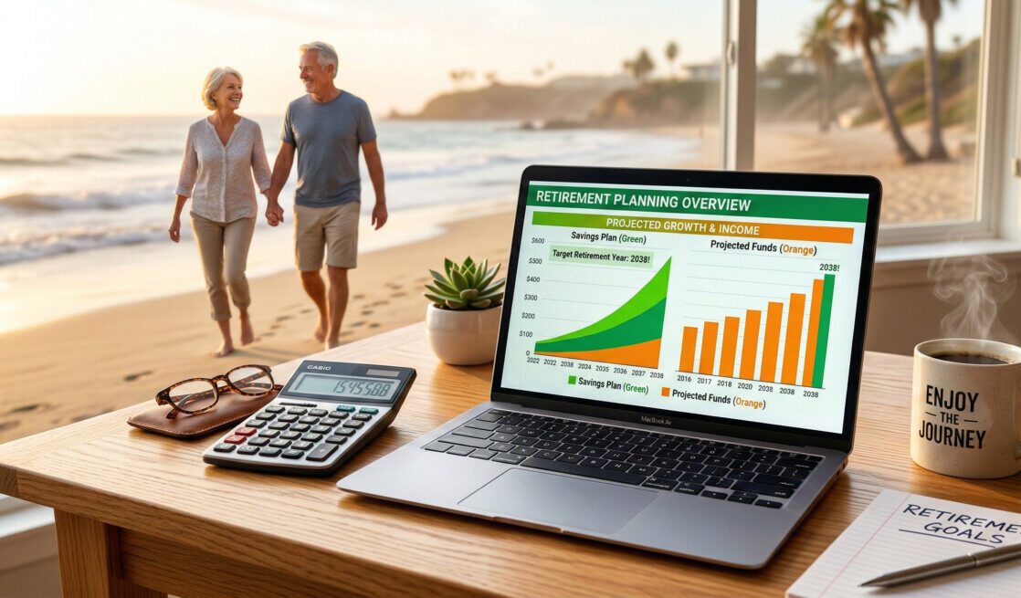 A professional yet friendly visual representation of retirement planning. A wooden desk with a laptop showing a green and orange chart, a calculator, a pair of glasses, and a steaming cup of coffee. In the background, a soft-focus image of a happy retired couple walking on a beach. Vibrant green and orange color theme, high quality, 4k resolution.