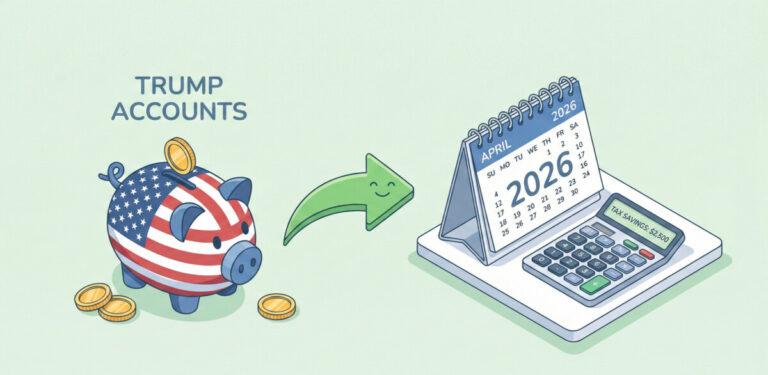 A bright and clean isometric illustration on a light green background. On the left, a piggy bank with a US flag design representing 'Trump Accounts'. On the right, a calendar marked '2026' and a calculator showing tax savings. Connect them with a green arrow. The style should be modern, professional, and friendly, matching a finance blog aesthetic.
