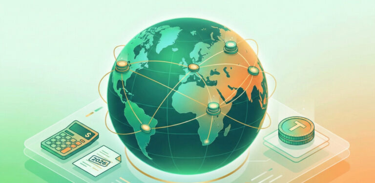 A modern, professional illustration of a digital globe with glowing connection lines representing international tax data exchange. In the foreground, stylized icons of a calculator, a document with a '2026' stamp, and a digital coin symbol. The color palette should be fresh green and warm orange, conveying a sense of organized financial news.