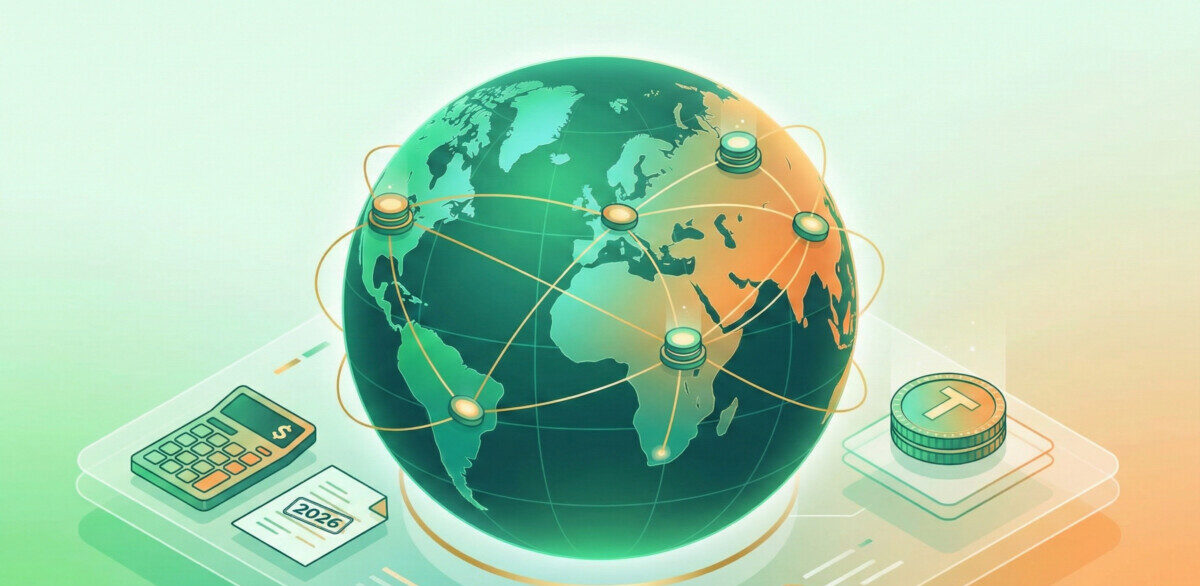 A modern, professional illustration of a digital globe with glowing connection lines representing international tax data exchange. In the foreground, stylized icons of a calculator, a document with a '2026' stamp, and a digital coin symbol. The color palette should be fresh green and warm orange, conveying a sense of organized financial news.