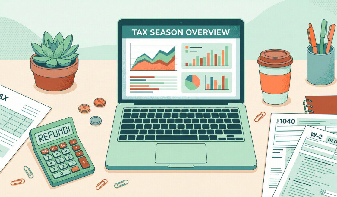 A modern, vibrant flat lay illustration of a home office desk during tax season. Features a laptop showing digital graphs, a green calculator, stylized tax forms, and a coffee cup, accented with friendly green and orange tones. The style is clean, vector-based, and professional, suitable for a financial blog.