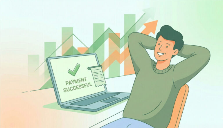 A professional yet friendly illustration of a person feeling relieved while looking at a laptop screen showing a successful payment confirmation. The background features subtle green and orange geometric patterns, representing financial growth and stability. High resolution, modern flat design style.