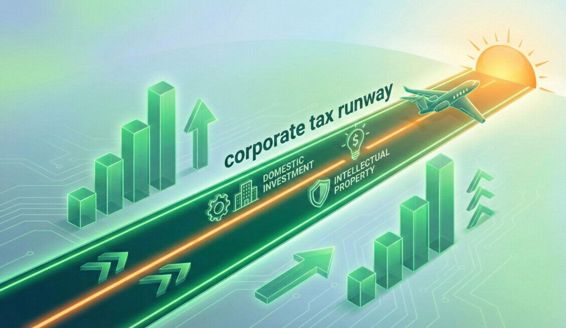 A professional and modern conceptual illustration showing a stable corporate tax runway. The image features a bright, optimistic financial horizon with a stylized runway, glowing green upward-trending charts, and subtle representations of U.S. domestic investment and intellectual property. The color palette should lean toward vibrant greens (#28a745) and soft oranges (#ff9800) to convey growth, safety, and financial stability.