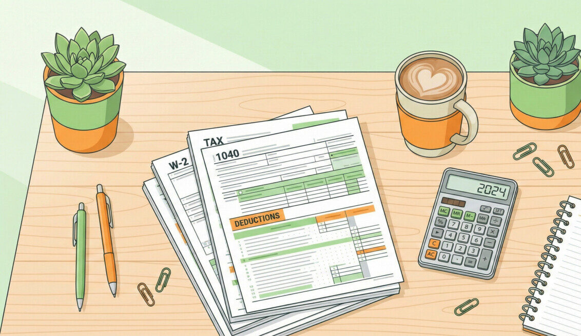A clean, modern workspace with a neatly organized stack of tax forms, a sleek silver calculator, a cup of coffee, and a small potted green plant. Bright, friendly, well-lit environment, top-down view, vector art style with a green and orange color palette.