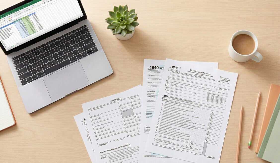 "A modern, vibrant flat lay of a clean office desk featuring scattered tax forms (1099-NEC, W-9), a sleek laptop, a cup of coffee, and a green potted plant. The lighting is bright and welcoming, with subtle green and orange accent colors in the stationary to represent financial growth and alertness, professional corporate style." 