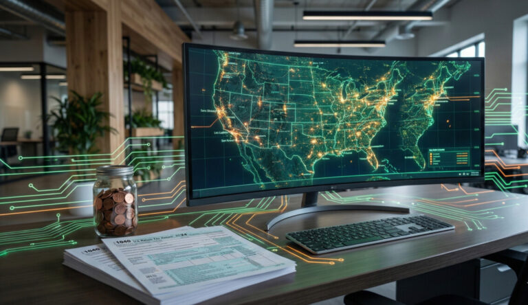 A modern office setting with a digital map of the United States glowing on a screen, professional tax documents, a jar of pennies, and futuristic AI circuit overlays, green and orange color theme, high resolution, professional photography style.