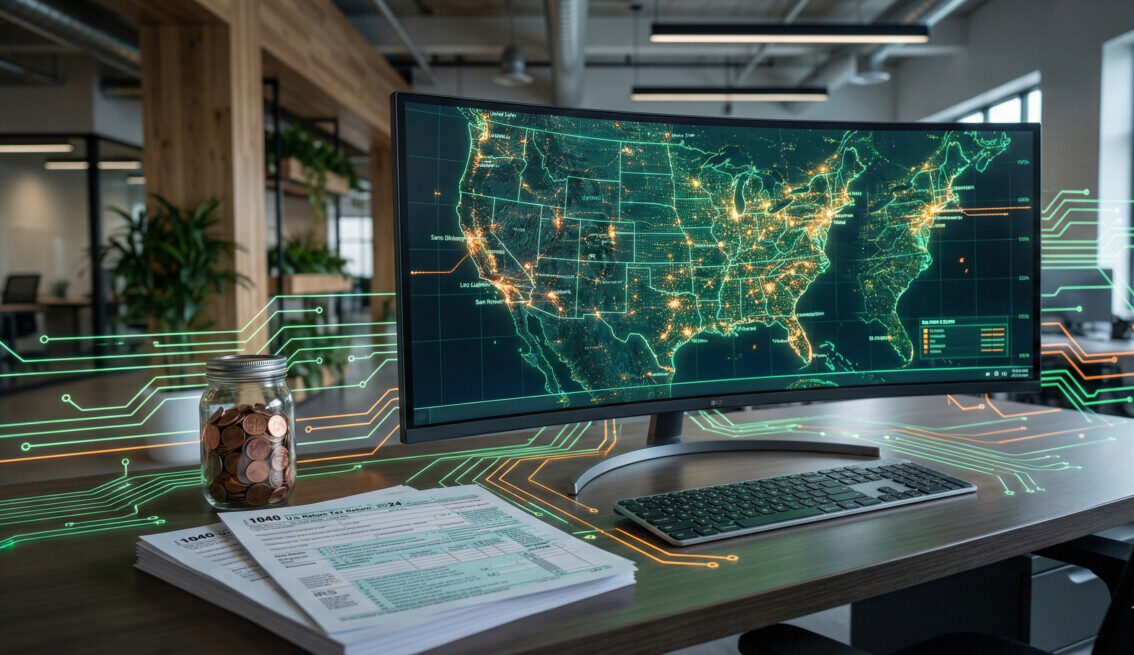 A modern office setting with a digital map of the United States glowing on a screen, professional tax documents, a jar of pennies, and futuristic AI circuit overlays, green and orange color theme, high resolution, professional photography style.