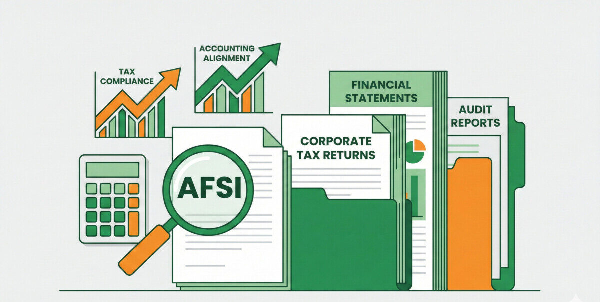 A professional, clean vector illustration of corporate tax documents and financial statements with a modern green and orange color palette. The image should feature a calculator, a magnifying glass hovering over 'AFSI', and abstract charts indicating tax compliance and accounting alignment.