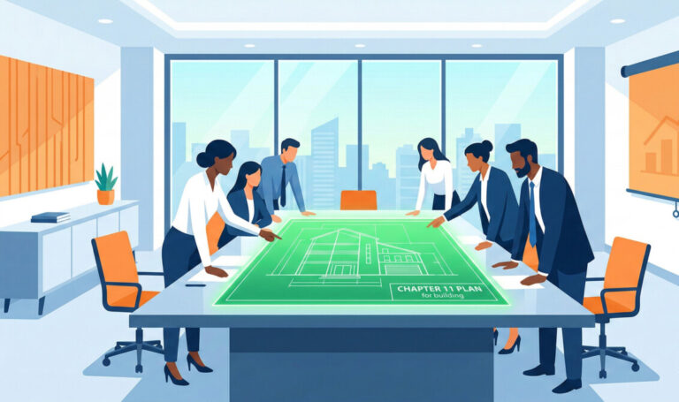 "A professional and clean digital illustration of a corporate meeting room with a glowing green blueprint of a building on a table, symbolizing a 'Chapter 11 Plan' for business rebuilding. The atmosphere is optimistic and bright, with subtle orange accents, flat design style."