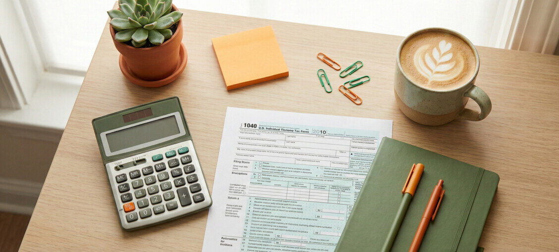 A flat-lay photography style image featuring a neat workspace with a calculator, a 1040 tax form, a cup of coffee, and green and orange stationery items. The lighting is soft and bright, creating a calm and organized financial atmosphere. High quality, professional blog header.