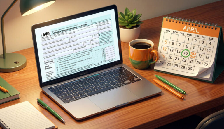 A professional and welcoming desk setting with a laptop showing a California state tax form, a cup of coffee, and a calendar marked 'April 15' with a green and orange color theme, digital art style, high resolution.