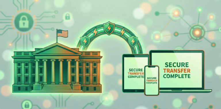 A vibrant and professional digital illustration showing a secure electronic transfer from a US Treasury building to a smartphone and a laptop. The color theme is green and orange. Soft bokeh background with symbols of digital security, shields, and lightning-fast transaction icons. 4k resolution, clean and modern aesthetic.