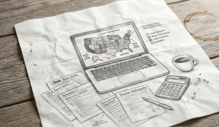 A professional desk with a laptop showing a US map color-coded by tax status, surrounded by tax forms, a calculator, and a steaming cup of coffee, clean modern office aesthetic, bright natural lighting, 4k.