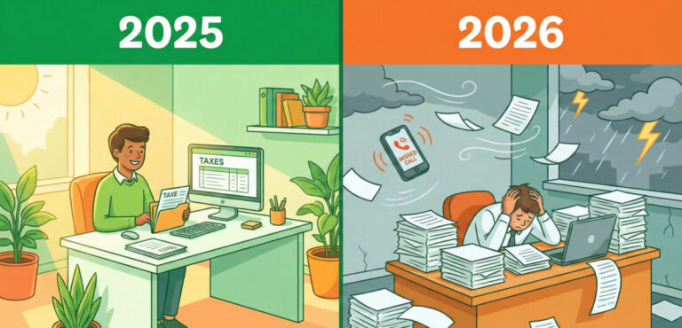 A split-screen illustration showing a calm, sunny office labeled '2025' with a happy person filing taxes, next to a chaotic, stormy office labeled '2026' with piles of paper and a ringing phone that no one is answering. The style should be vibrant, using shades of green and orange to match a friendly financial blog theme.