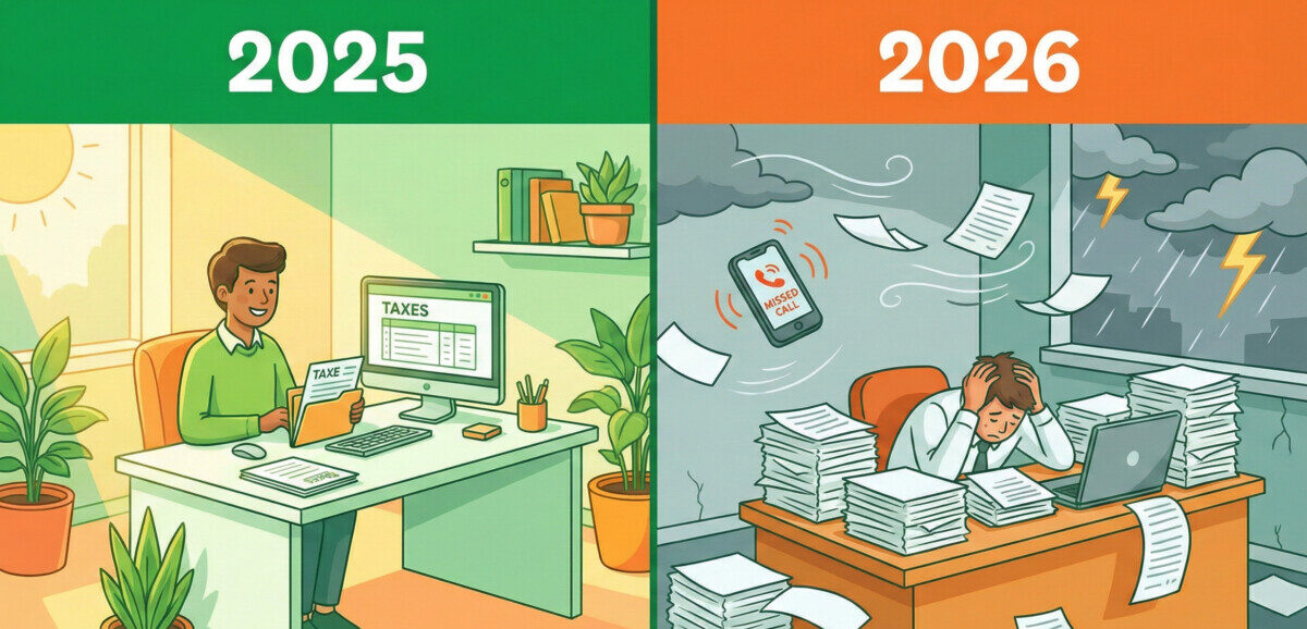 A split-screen illustration showing a calm, sunny office labeled '2025' with a happy person filing taxes, next to a chaotic, stormy office labeled '2026' with piles of paper and a ringing phone that no one is answering. The style should be vibrant, using shades of green and orange to match a friendly financial blog theme.