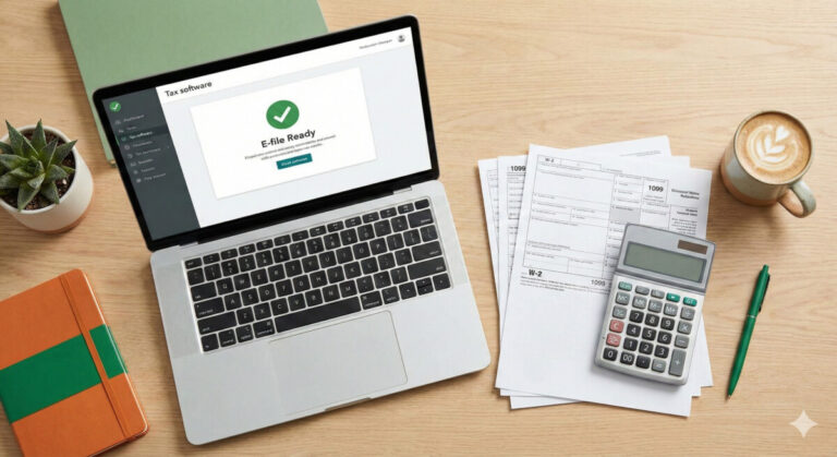 "A well-lit, professional flat lay photograph of a clean desk during tax season. Visible items include a laptop showing a modern, user-friendly tax preparation software interface with a green 'E-file Ready' checkmark, a neat stack of W-2 and 1099 forms, a calculator, a cup of coffee, and a green pen. The overall color tone should be optimistic, calm, and organized, featuring subtle hints of green and orange to convey success and clarity." 