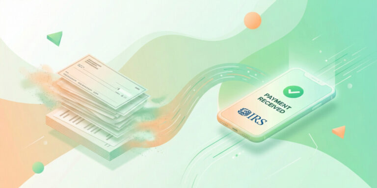 A modern, friendly illustration showing a transition from paper to digital finance. On the left, a stack of paper checks fading away; on the right, a glowing smartphone screen displaying a 'Payment Received' notification with the IRS logo nearby. The background should be clean, using soft greens and oranges to convey safety and speed. 3D isometric style.