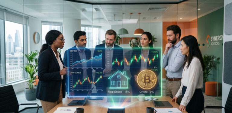 A modern, well-lit corporate conference room. A diverse group of professionals (HR administrators and financial advisors) are looking thoughtfully at a glowing, transparent digital display showing a mix of traditional stock charts and icons representing alternative investments like a house (real estate) and a digital coin (cryptocurrency). The atmosphere is professional, forward-thinking, and cautiously optimistic. Green and orange color accents in the office decor