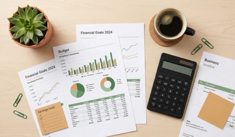 "A flat lay photo of a clean, bright desk. There are modern financial documents, a sleek calculator, a cup of coffee, and a green plant. The aesthetic uses subtle green and orange accent colors, giving a positive, organized, and stress-free financial planning vibe. High resolution, professional blog cover."