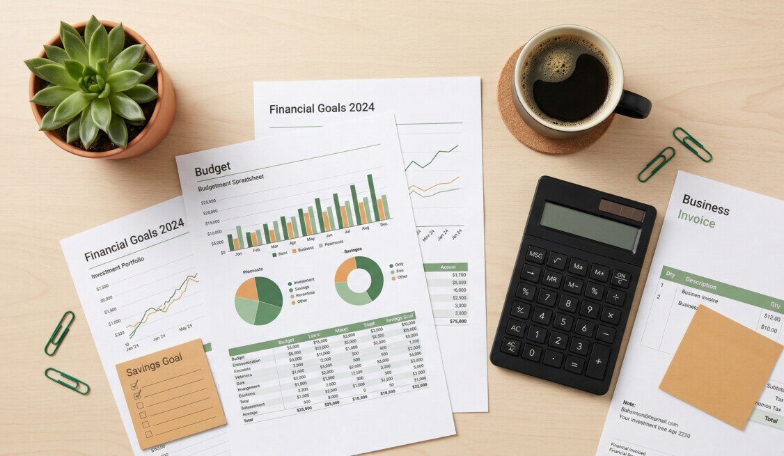 "A flat lay photo of a clean, bright desk. There are modern financial documents, a sleek calculator, a cup of coffee, and a green plant. The aesthetic uses subtle green and orange accent colors, giving a positive, organized, and stress-free financial planning vibe. High resolution, professional blog cover."