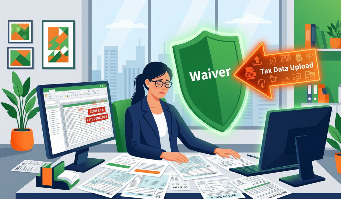 A clean, modern illustration of a stressed accountant or tax professional sitting at a desk surrounded by digital screens and paper tax forms. A large green shield with the text 'Waiver' on it protects them from a glowing digital upload arrow. The color palette should prominently feature vibrant green and warm orange tones, creating a professional yet approachable corporate illustration style."