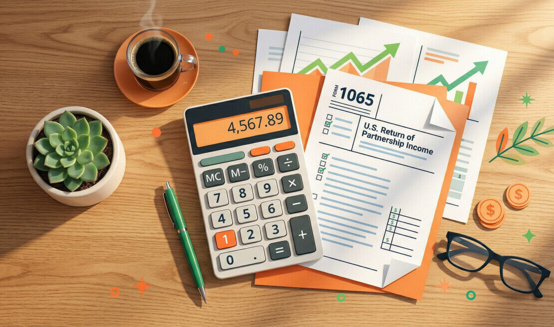 "A flat lay styled photograph from a top-down view of a neat, modern wooden desk. On the desk, there are financial documents with subtle charts, a sleek calculator, a cup of black coffee, and a small, vibrant green potted plant. Warm, natural sunlight is streaming across the desk, giving it an inviting, professional, and optimistic feel. The color palette emphasizes warm oranges and fresh greens."