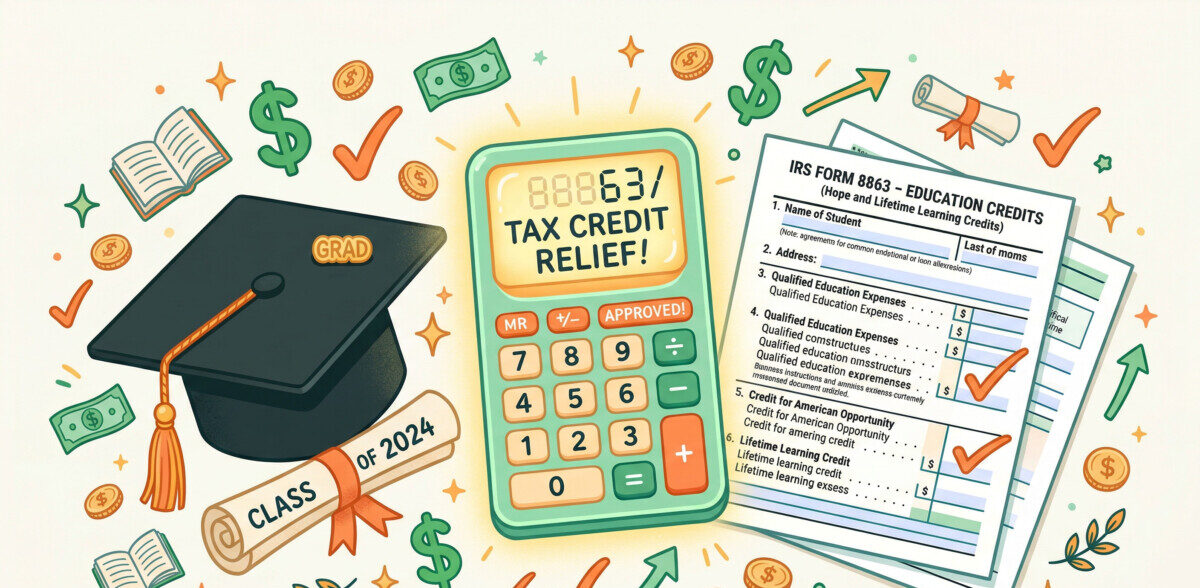 "A bright, friendly flat lay illustration featuring a glowing calculator, a graduation cap, and stylized IRS tax forms (Form 8863) surrounded by small green dollar signs and orange checkmarks. The color palette should predominantly feature vibrant greens and warm oranges on a clean, light background, conveying financial relief and educational success."