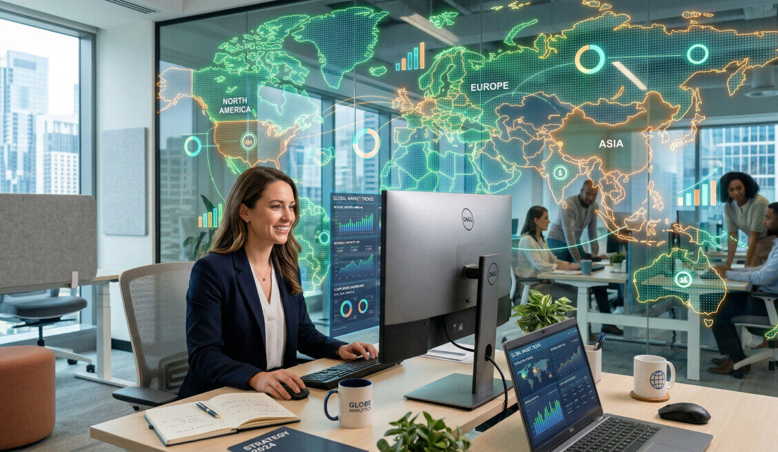 "A modern, bright corporate workspace with a world map graphic overlay in vibrant green and orange tones. A financial analyst is reviewing global data on a sleek monitor. The scene conveys international business, financial compliance, and growth, with a friendly, professional atmosphere."