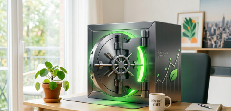 "A highly professional, modern digital illustration showing a heavy steel bank vault door slightly cracked open, glowing with a vibrant green light from inside. Next to the vault, subtle elements like a rising financial chart and a green leaf symbol. The overall aesthetic should be clean, corporate, yet optimistic, utilizing a green and orange color palette." .3