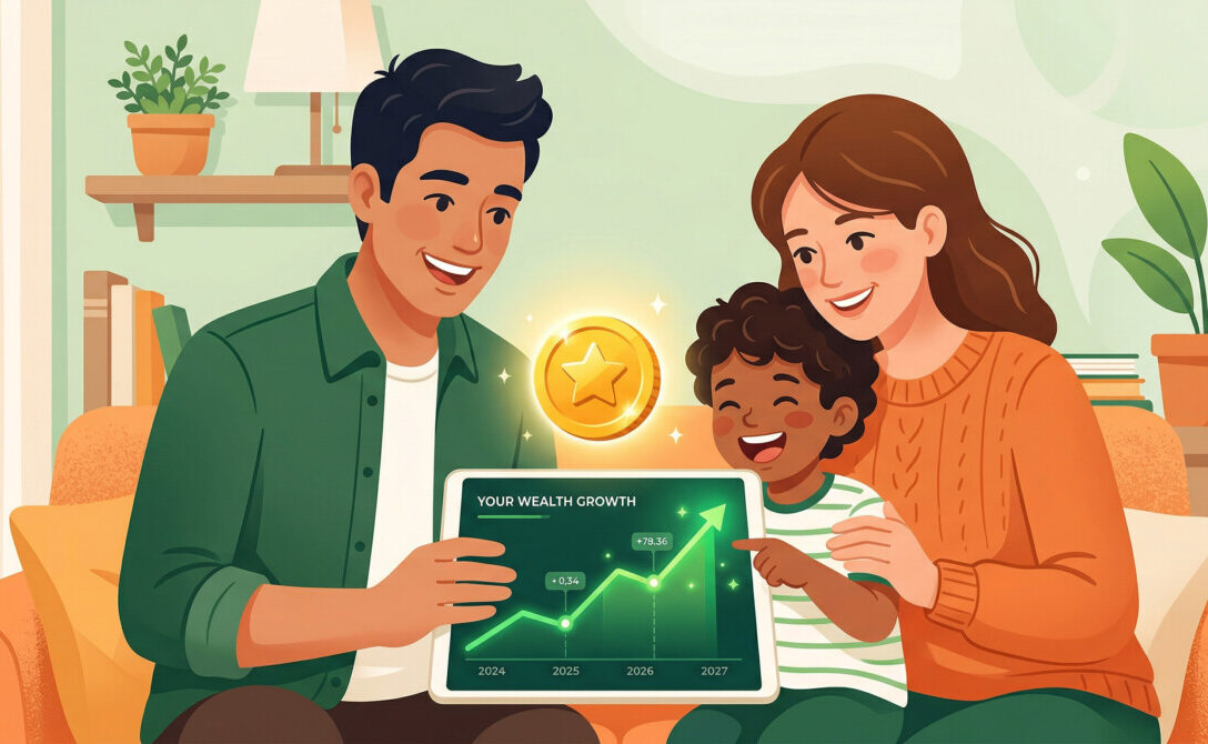 "A warm, inviting flat illustration of a smiling family (parents and a child) looking at a modern digital tablet displaying a growing green financial chart. A glowing gold coin with a star icon floats above the tablet. The color palette features vibrant greens, warm oranges, and soft whites. Clean vector style, suitable for a professional finance blog header." 