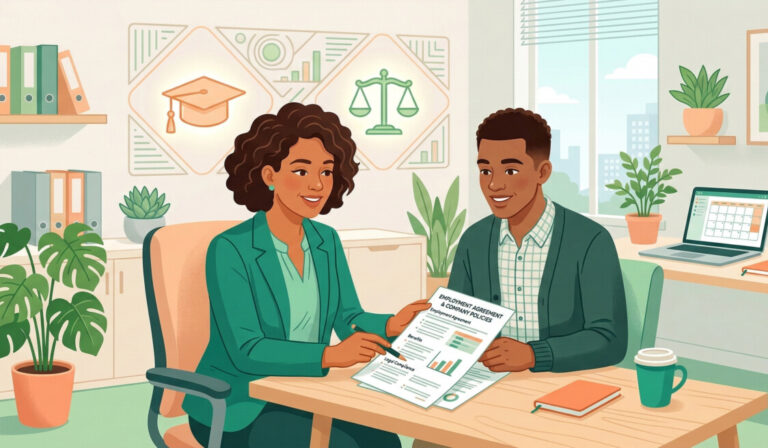 "A modern, clean illustration showing an HR professional carefully reviewing a document with an employee. In the background, there are subtle icons representing education (a graduation cap) and law (a scale of justice). The color palette should be vibrant, featuring shades of green and soft orange, conveying a professional yet approachable tone." 
