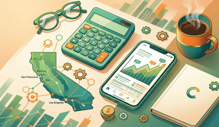 A clean, modern workspace with a calculator, a California map graphic, a smartphone displaying a tax chart, and a steaming cup of coffee. Warm, vibrant lighting with subtle hints of green and orange tones. Professional business blog header style, no text in the image.
