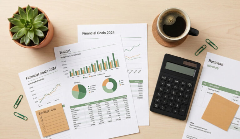 A modern, well-lit top-down view of a wooden desk featuring a sleek business laptop, a calculator, a coffee cup, and neatly arranged tax forms. Next to the calculator, there is a miniature toy model of a luxury SUV, symbolizing business vehicle depreciation. Clean, professional aesthetic with subtle green and orange accent lighting, high quality, 4k resolution.