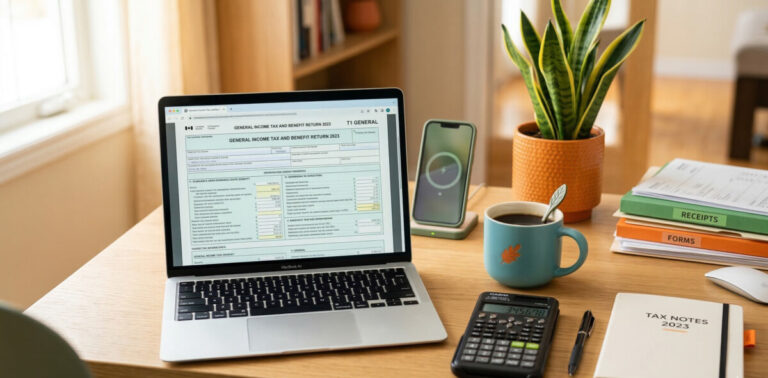 A modern, well-lit office desk featuring a laptop displaying a digital tax form, a calculator, and a cup of coffee. The overall color tone should be vibrant with subtle hints of green and orange to match a friendly, professional blog aesthetic. High quality, realistic.