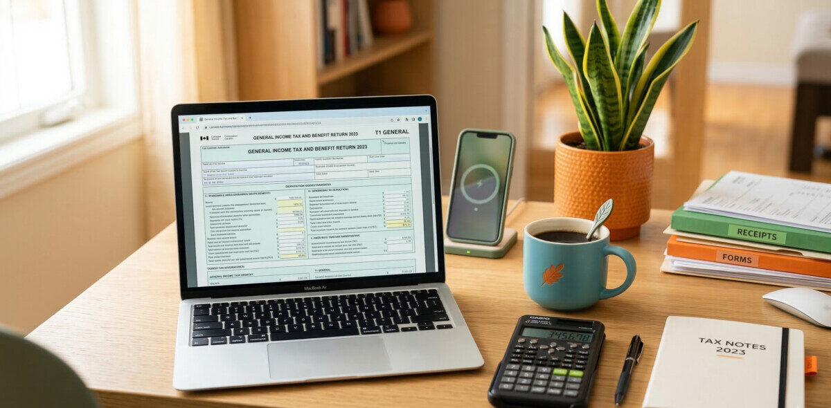 A modern, well-lit office desk featuring a laptop displaying a digital tax form, a calculator, and a cup of coffee. The overall color tone should be vibrant with subtle hints of green and orange to match a friendly, professional blog aesthetic. High quality, realistic.