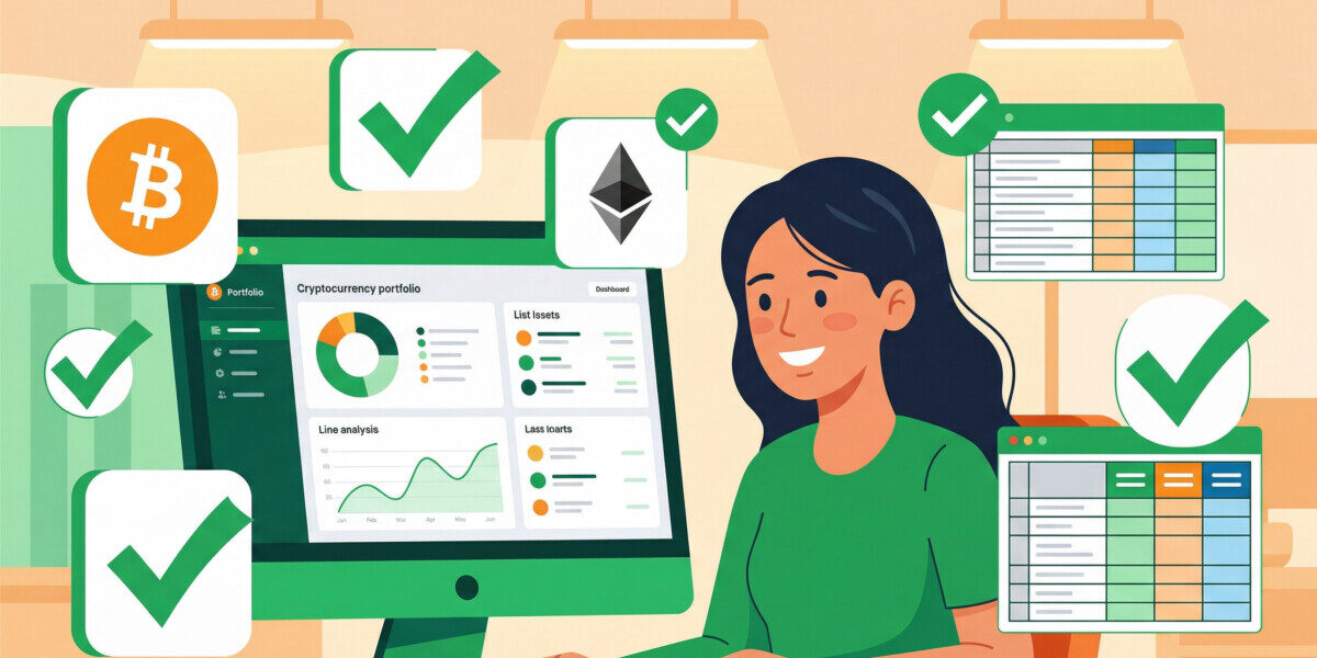 "A clean, modern flat-design illustration of a person happily managing their cryptocurrency portfolio on a computer. Floating elements include Bitcoin and Ethereum symbols, green tax checkmarks, and organized spreadsheets. The color palette should feature vibrant greens and warm oranges, conveying a sense of financial relief and organization."